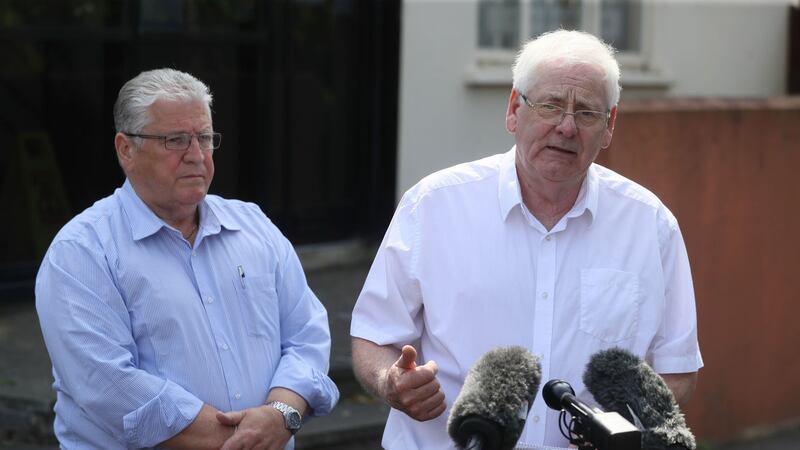 Stanley McCombe (left), who lost his wife Ann and Michael Gallagher who lost his son Aiden in the Omagh bombing speaking in Omagh after judge, Mr Justice Horner, recommended at Belfast High Court that the British government undertake a human rights compliant investigation into the bombing, and urged the Dublin government to do likewise. Picture by Brian Lawless/PA Wire&nbsp;