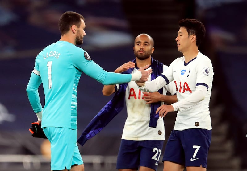 Tottenham keeper Hugo Lloris (left) and Son Heung-min made up after a half-time bust-up against Everton
