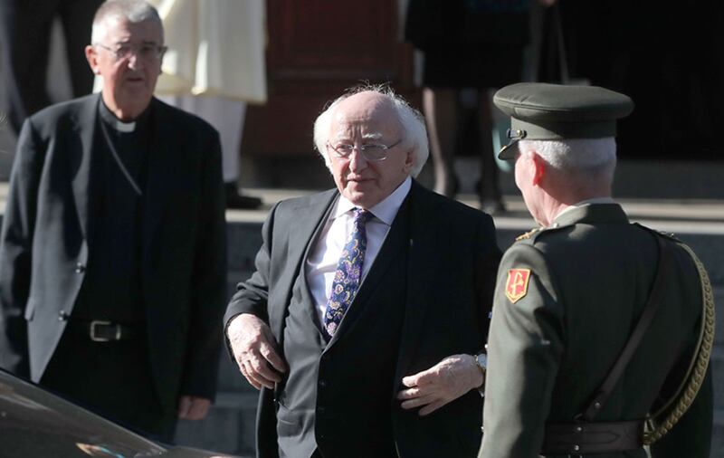 President Michael D Higgins arrives for the funeral Mass for Emma Mhic Mhath&uacute;na, one of the most high-profile victims of the Republic's cervical smear test controversy, at St Mary's Pro-Cathedral in Dublin&nbsp;