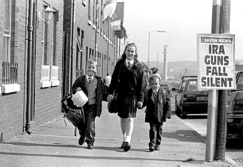 Ceasefire... schoolchIldren on New Lodge Rd after the IRA called a ceasefire. Picture by Brendan Murphy 1994