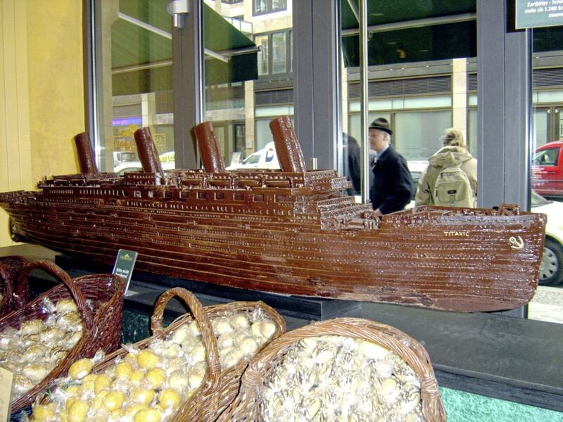 A chocolate model of the Titanic on display in the famous Rausch chocolate shop in Berlin 
