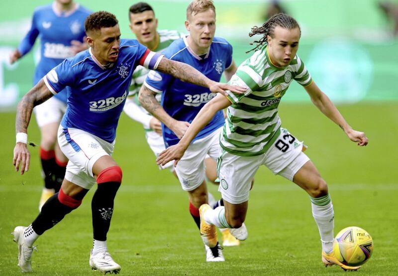 Rangers&#39; James Tavernier (left) moves in on Celtic&#39;s Diego Laxalt during the Scottish Premiership match at Celtic Park, Glasgow on Saturday October 17, 2020. Picture by Jane Barlow/PA. 