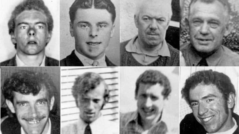Eight of the 10 Protestant workmen who were shot dead in IRA massacre at Kingsmills, Co Armagh, 41 years ago. Top row from left: Robert Chambers, John Bryans, Joseph Lemon and Joseph McWhirter. Bottom from left: Walter Chapman, John McConville, Kenneth Worton and Reggie Chapman 