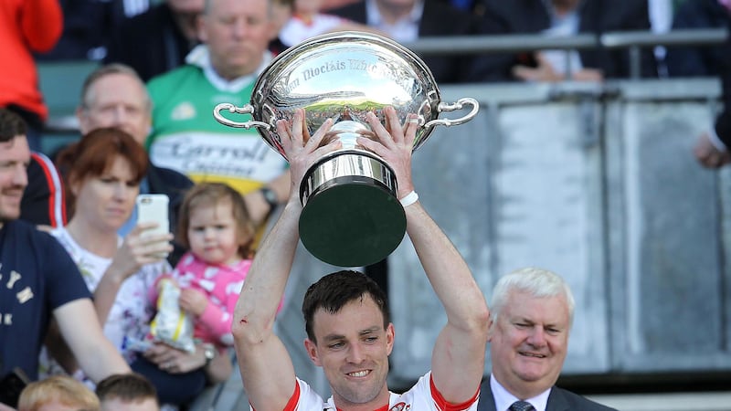 Derry captain Oisin McCloskey lifts the Nicky Rackard Cup after Saturday's final win over Armagh at Croke Park. Picture by Philip Walsh&nbsp;