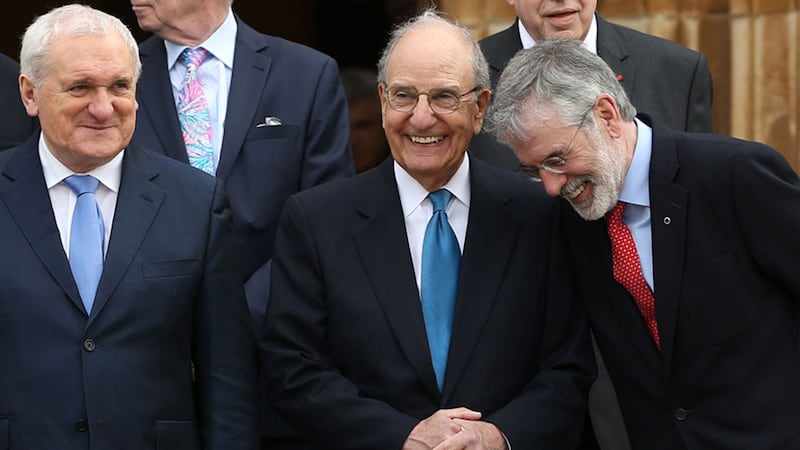 Former taoiseach Bertie Ahern, Senator George Mitchell and Gerry Adams, at an event to mark the 20th anniversary of the Good Friday Agreement, at Queen's University in Belfast&nbsp;