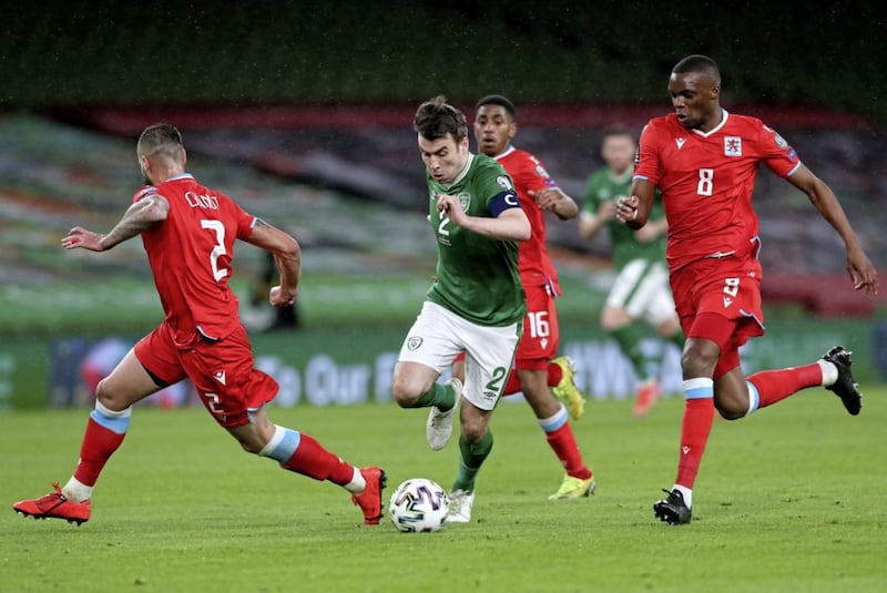 Republic of Ireland&#39;s Seamus Coleman (centre) carried the fight to Luxembourg but with no joy 