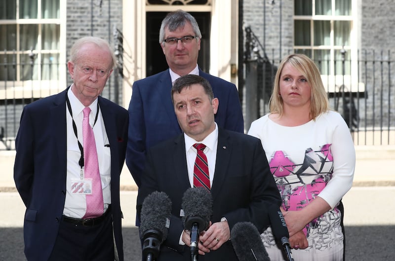 &nbsp;Robin Swann (centre front) and other members of the Ulster Unionist Party speaking to the media after talks at 10 Downing Street, London.&nbsp;Picture from Gareth Fuller/PA Wire.