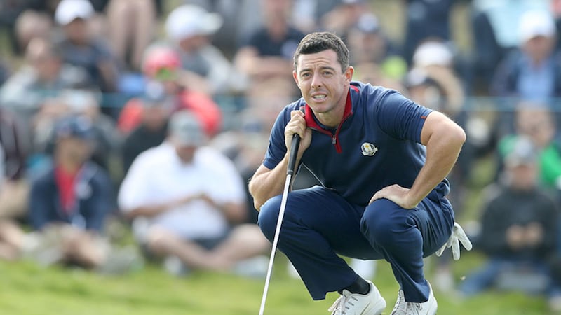 Rory McIlroy lines up a putt at the 2018 Ryder Cup competition in Paris&nbsp;