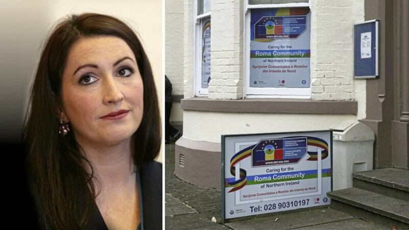 DUP MP Emma Little-Pengelly, and right, the Romanian Roma Community Association of Northern Ireland 