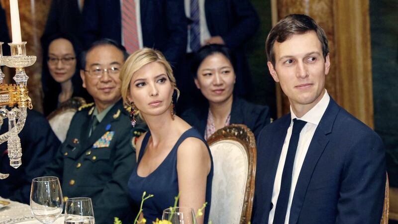 Ivanka Trump, second from right, the daughter and assistant to president Donald Trump, is seated with her husband White House senior adviser Jared Kushner, right, during a dinner with President Donald Trump and Chinese President Xi Jinping, at Mar-a-Lago, in Palm Beach, Florida 