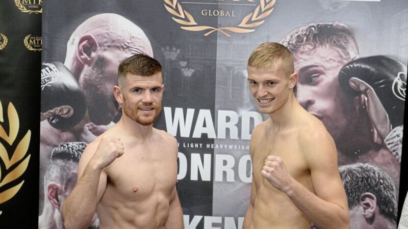 Paddy Gallagher (left) and Liam Wells ahead of their fight at the Ulster Hall in June 2019. Picture by Mark Marlow. 