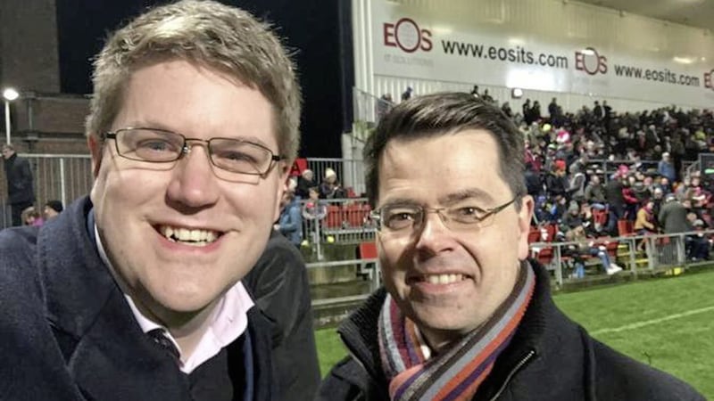 Peter Cardwell with former Secretary of State James Brokenshire at Newry&#39;s Pairc Esler 