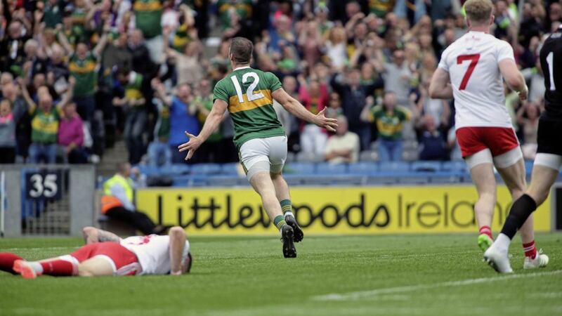 Stephen O&#39;Brien celebrates the only goal of the game for Kerry. Picture by Seamus Loughran 