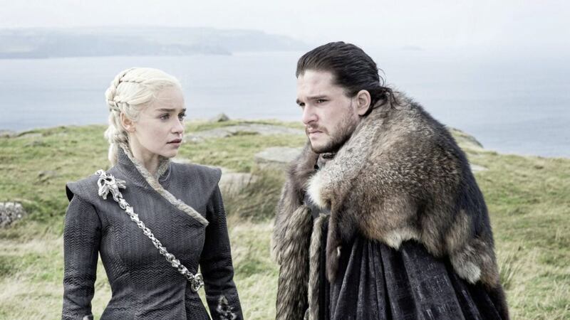 Daenerys Targaryen (Emila Clarke) meets Jon Snow (Kit Harrington) at Dragonstone cliffs (Fair Head) in a scene from Game of Thrones 
