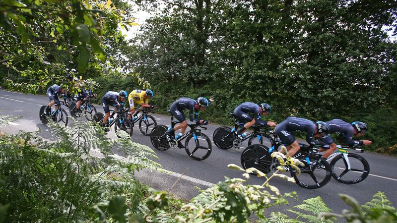 Team Sky, with Britain's Christopher Froome wearing the overall leader's yellow jersey, ride to second place on the ninth stage of the Tour de France on Sunday<br />Picture: AP
