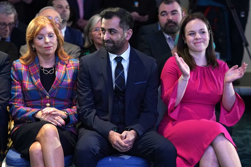 Left to right, Ash Regan, Humza Yousaf and Kate Forbes as Mr Yousaf was announced SNP leader