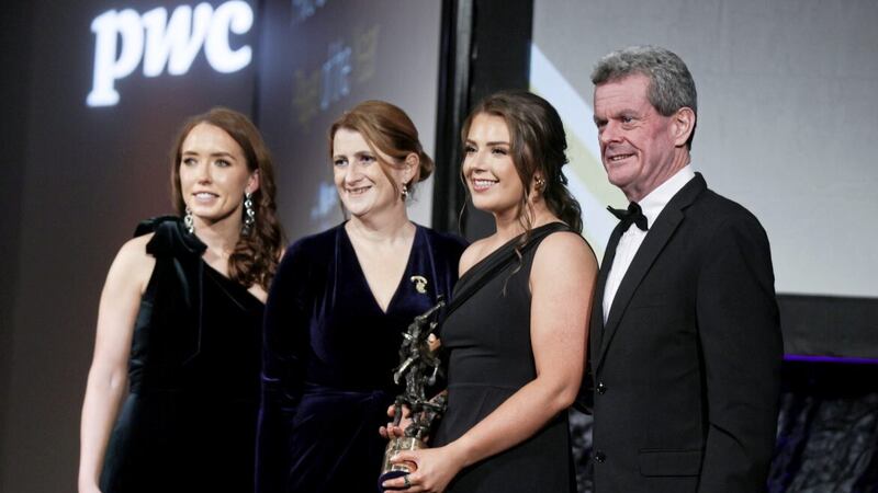 2022 PwC GPA Premier Junior Camogie Player of the Year Antrim&rsquo;s Dervla Cosgrove is presented with her award by GPA&rsquo;s Maria Kinsella, Camogie Association President Hilda Breslin and PwC Managing Partner Feargal O&rsquo;Rourke					Picture: Tom Maher/Inpho 