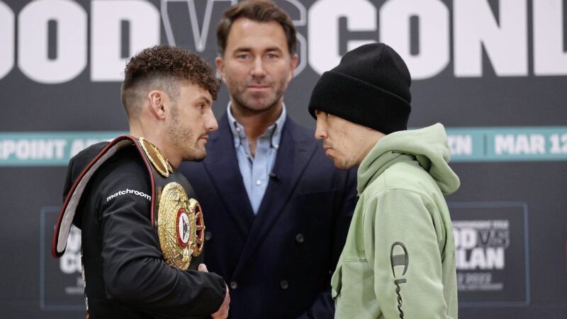 Leigh Wood and Michael Conlan go head-to-head in Nottingham yesterday. Picture: Mark Robinson Matchroom Boxing 