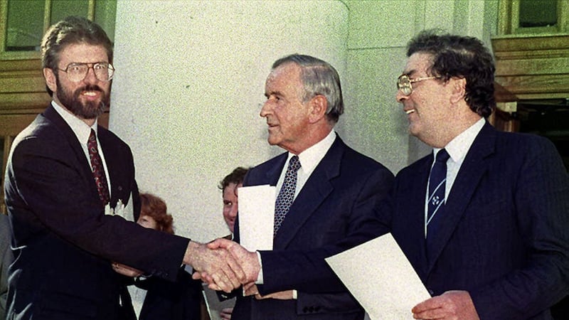 Gerry Adams, John Hume and Albert Reynolds'&nbsp; historic meeting in Dublin. Picture by Pacemaker