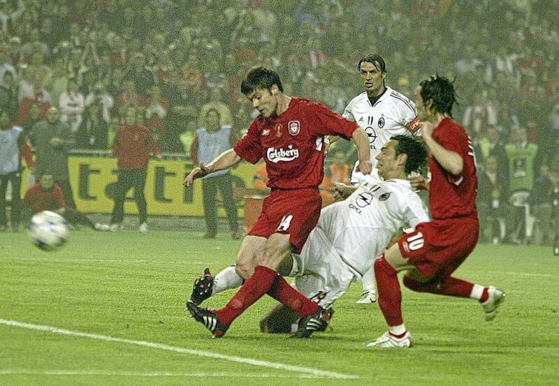 Liverpool&#39;s Xabi Alonso scores from his penalty rebound against AC Milan in the 2005 UEFA Champions League Final. 