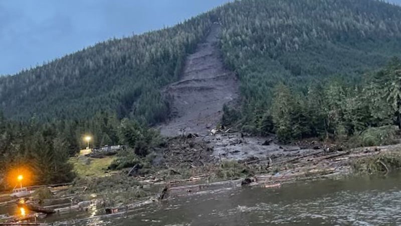 The landslide that occurred the previous evening near Wrangell, Alaska, on Nov. 21, 2023. Authorities said at least one person died and others were believed missing after the large landslide roared down a mountaintop into the path of three homes. (Alaska Department of Public Safety via AP)