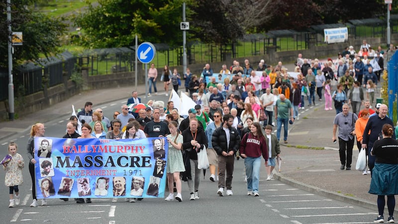Relatives and supporters march for the last time to remember the Ballymurphy victims. Picture Mark Marlow