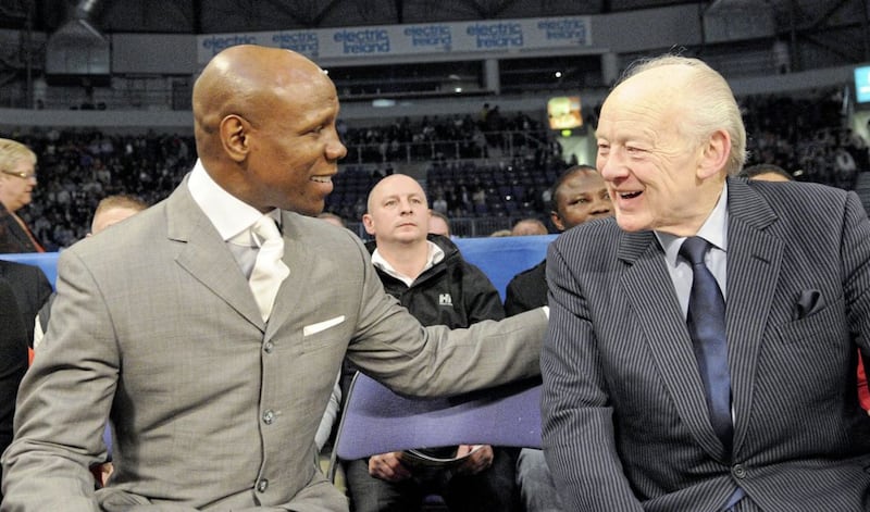 Chris Eubank and former boxing promoter Barney Eastwood, who were in opposite corners once upon a time, have a chat during a Belfast fight night at the SSE Arena. Picture by Mark Marlow 