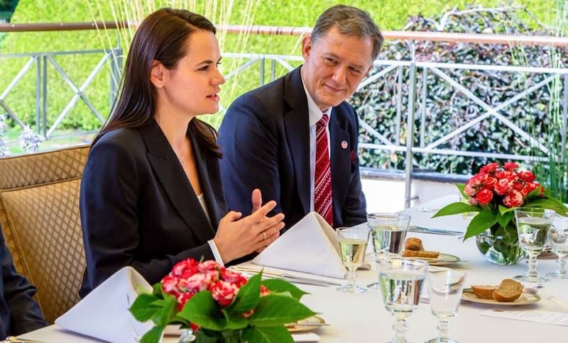 &nbsp;In this photo provided by the Sviatlana Tsikhanouskaya campaign office, Sviatlana Tsikhanouskaya, former candidate for the presidential elections, speaks to US&nbsp;Deputy Secretary of State Stephen Biegun during their meeting in Vilnius, Lithuania, on August 24 2020