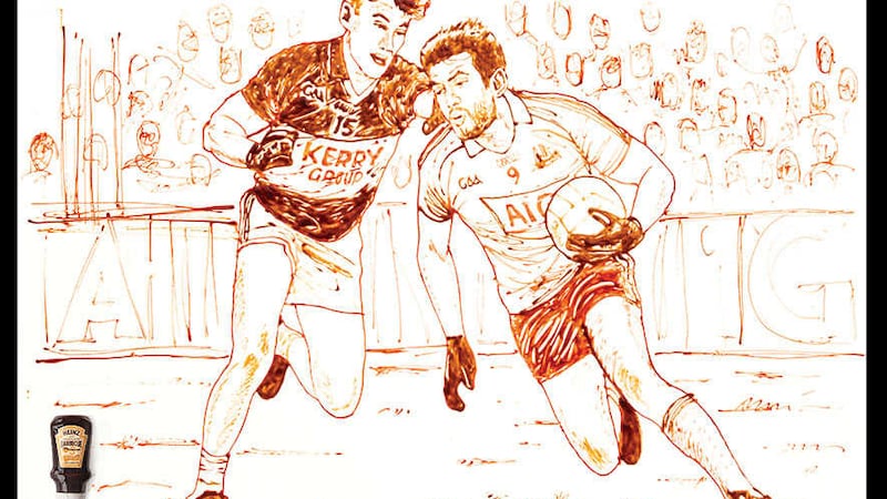 Kerry's James O'Donoghue about to tackle Dublin's Cian O'Sullivan. The image was made using Heinz sauce