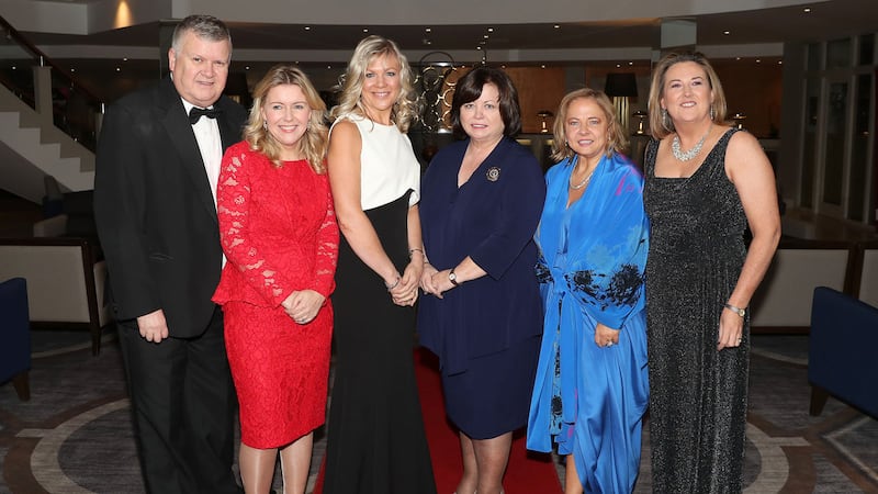 From left, Irish News business editor Gary McDonald, Rosaleen Blair of Alexander Mann Solutions, Suzanne Wylie of Belfast City Council, former t&aacute;naiste Mary Harney, Imelda McMillen from Women in Business and Roseanne Kelly from Women in Business at the awards ceremony on Thursday night. Photo by Declan Roughan