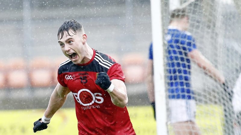 Ceilum Doherty celebrates his goal during yesterday&#39;s Ulster SFC semi-final clash at the Athletic Grounds. Picture by Philip Walsh 