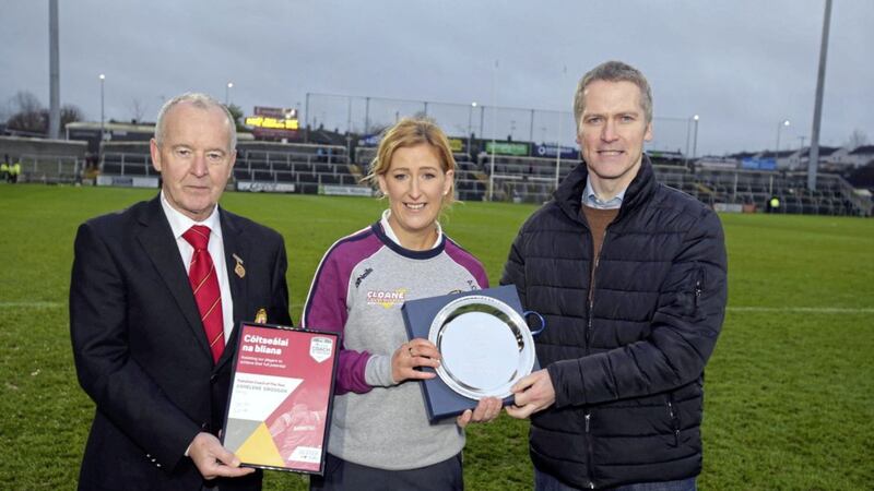 Ashelene Groogan, a football coach at St Colm&rsquo;s Ballinascreen has been named the Translink Ulster GAA Coach of the Year. The initiative, which is designed to recognise those club coaches who demonstrate exceptional commitment to the teaching and development of Gaelic games, saw over 5000 votes cast in an online poll to select the winner. As part of her prize package, Ashelene will receive free coach transport for her team for 12 months, courtesy of Translink. Representing Derry, she was one of nine county finalists from across Ulster who made it through to the public vote. Presenting Ashelene with her prize at half time during the Ulster Club SFC final in Armagh on Sunday, Translink&rsquo;s Sean Falls said: &ldquo;On behalf of Translink I&rsquo;d like to offer congratulations to each of our finalists, and to Ashelene in particular, for what they have achieved. In its first year, the public response to this award has been exceptional and we&rsquo;d like to thank everyone who got involved by nominating, supporting and voting for their club coaches as part of the process&rdquo;. Also pictured in Ulster GAA president Michael Hasson 