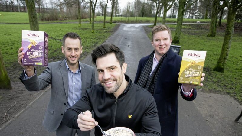 White&rsquo;s Oats of Tandragee will be launching new organic muesli at Borough Market in London. Front: Johnny Hamilton, personal trainer; Stuart Best, business development manager at White&rsquo;s Oats and Jonathan McWhinney, packaged food buying manager at Tesco Northern Ireland 