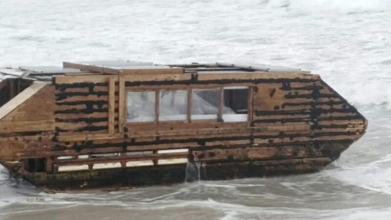 A makeshift solar-powered houseboat that has washed up on a Co Mayo beach after apparently drifting across the Atlantic Ocean from Canada. Picture by Ballyglass Coast Guard Unit/Press Association