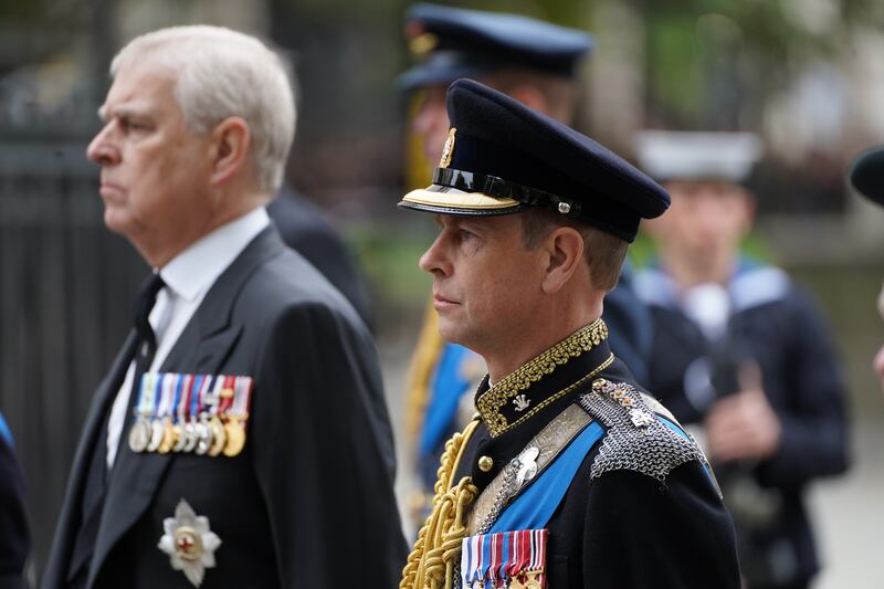 The Duke of York and the Earl of Wessex arrive at the State Funeral of Queen Elizabeth II, held at Westminster Abbey
