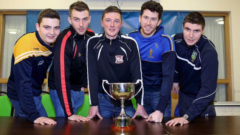<span style="font-family: Arial, sans-serif; ">Conal Brown of Clonduff; Gareth Mackin from Cullyhanna; James Lambe of Magheracloone; Donaghmore's Pete McKenna and Ciaran McFall from Glenn at Sunday night's launch of the Ulster Club U21 Championships at Kickham's GAC in Randalstown </span><br/><span style="font-family: Arial, sans-serif; ">Picture by Cliff Donaldson.</span>&nbsp;