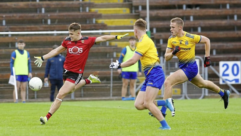 Down&#39;s Tom Smyth fires a shot that hits the post during the second half of the Mourne county&#39;s All-Ireland semi-final defeat to Roscommon on Saturday njght. Picture by Philip Walsh 