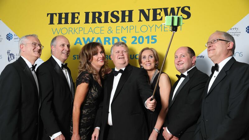 <span style=" font-style: italic;">Irish News business editor Gary McDonald takes a selfie with the sponsors of the Workplace and&nbsp;</span>Employment awards at Titanic Belfast last night. Included are Professor Deirdre Heenan (Ulster University), Ken McCracken