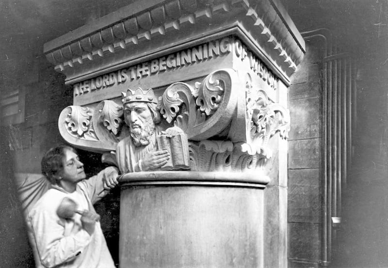 Sculptor Rosamund Praeger working on the Pillar of Wisdom in St Anne&#39;s Cathedral in 1928 