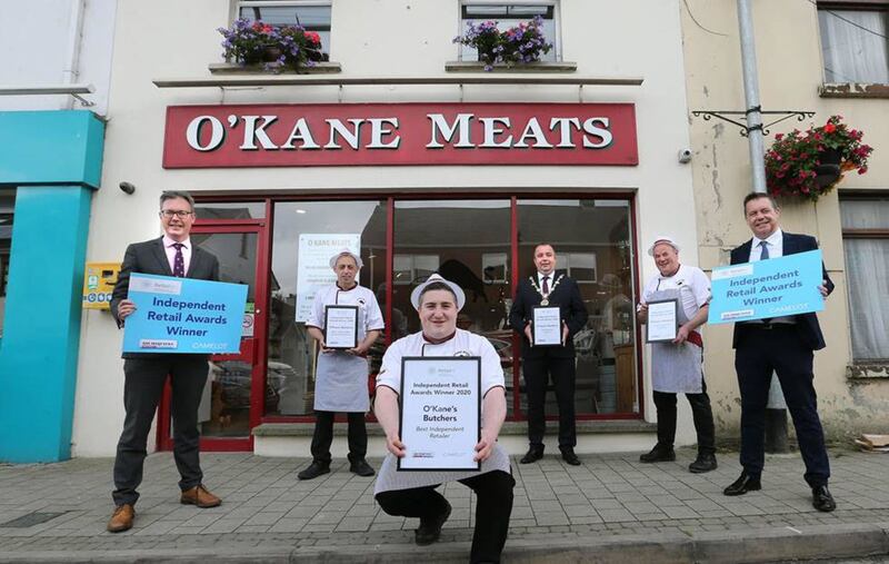 Rory O'Kane, Michael Magee and Michael O'Kane of O'Kane's Butchers delighted to be Gold Overall Retailer of the  Year with Glyn Roberts, Retail NI, John Brolly, Irish News and Brian Tierney, Mayor of Derry City and Strabane District Council. 