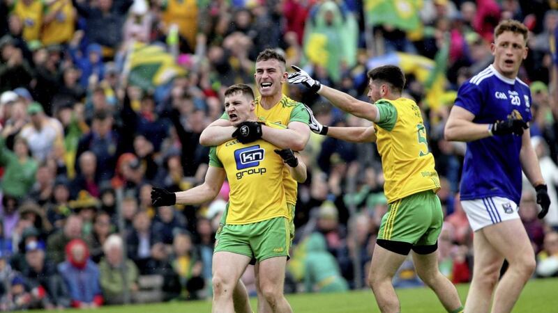 Jamie Brennan celebrates with Patrick McBrearty and Ryan McHugh after Brennan&#39;s goal in yesterday&#39;s Ulster SFC final Picture by S&eacute;amus Loughran 