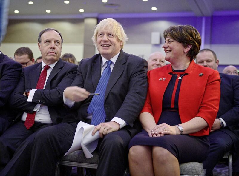Boris Johnson MP pictured at the DUP conference with Arlene Foster and Nigel Dodds. Picture by Arthur Allison/Pacemaker 