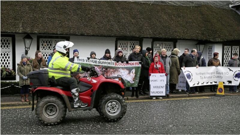 Some of those who took part in yesterday&#39;s anti-fox hunting protests in Crawfordsburn, Co Down. Picture by Hugh Russell. 