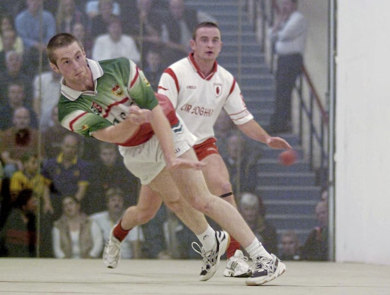Ciaran Meenagh (right) in action against Mayo&#39;s Joe McCann during the 2004 All-Ireland 60x30 Handball Intermediate Doubles Final. 