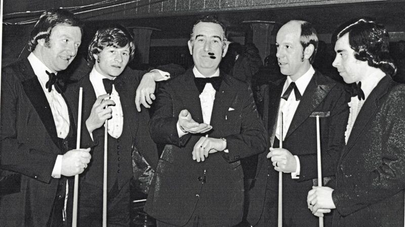 Sean McMahon (centre) pictured at Queen's University's Whitla Hall, Belfast in 1975 with snooker stars Dennis Taylor, Alex Higgins, Graham Miles and Patsy Fagan