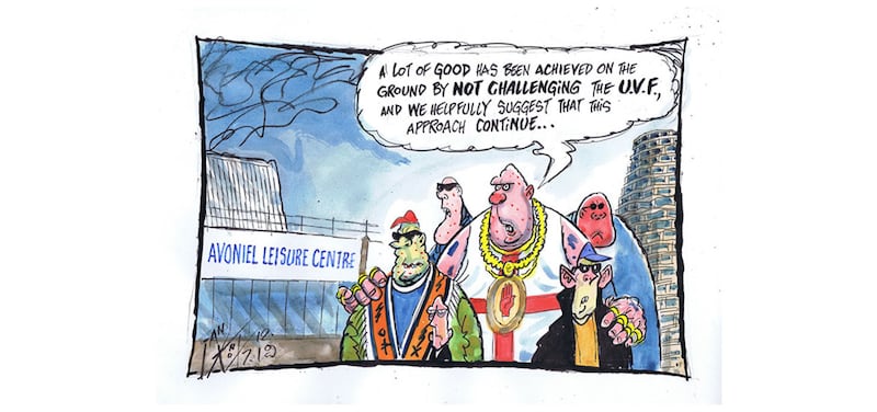 Ian Knox cartoon 12/7/2019 -&nbsp; The UVF establishes that it is they, rather than the council or police, who control events in east Belfast