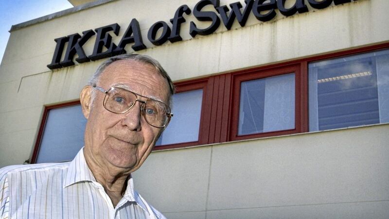 Ingvar Kamprad, founder of Swedish furniture giant IKEA, pictured outside the company&#39;s head office in Almhult in 2002 