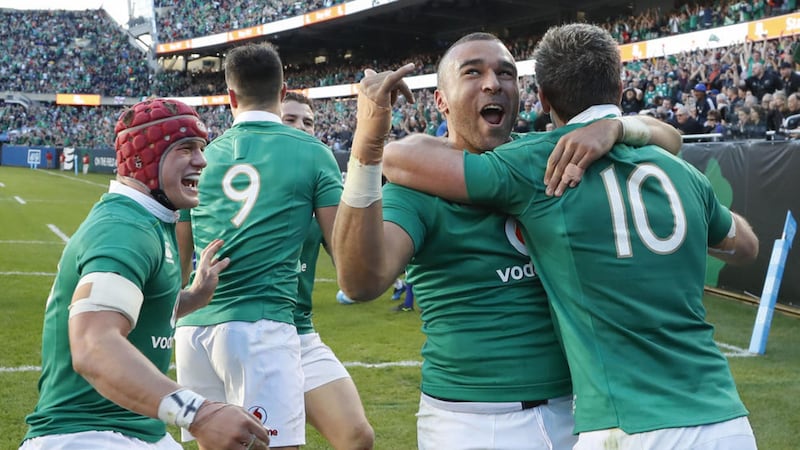 Ireland&#39;s Simon Zebo (second right) celebrates after scoring against the All Blacks in what was the big sporting event of the weekend 