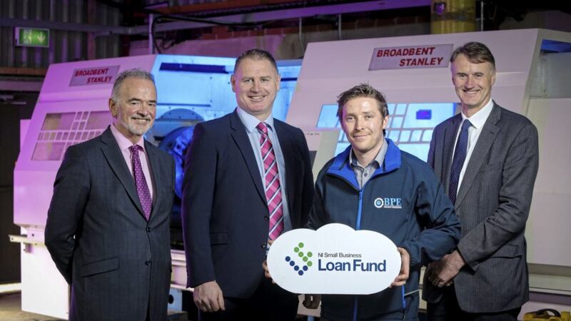 Pictured marking the Small Business Loan Fund &pound;6 milllion milestone are Harry McDaid, UCIT&rsquo;s CEO; Donal Leahy, senior lending executive, Enterprise NI; Paul Donnelly, BPE director and William McCulla, Invest NI&rsquo;s director of corporate finance 