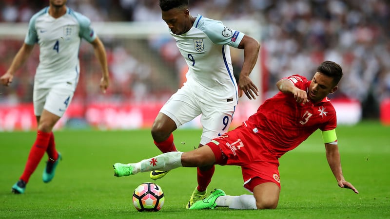 England's Daniel Sturridge (centre) in action with Malta's Andre Schembri during the 2018 FIFA World Cup Qualifying match at Wembley Stadium &nbsp;